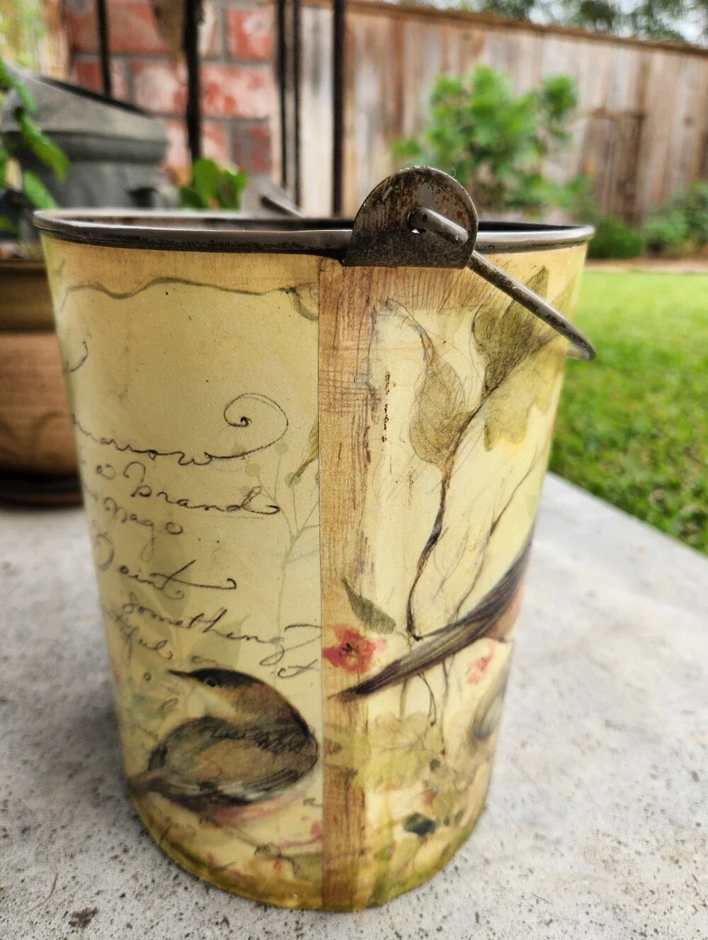 Vintage Woodland Art Print Handled Metal Pail Bucket Birds Nest w/Script Writing